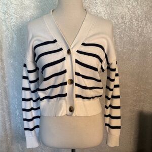 Loft Women's White navy blue V neck Striped button up Cardigan Sweater XS